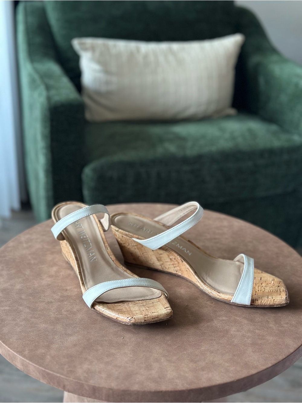 Stuart Weitzman White Leather Cork Wedge Sandals